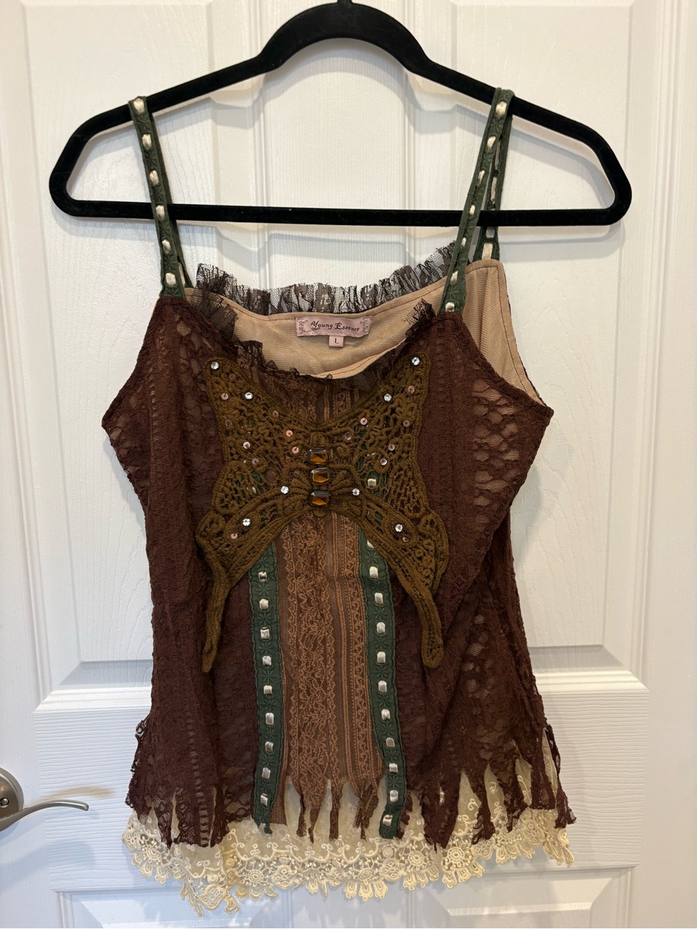 Boho Lace-Trim Camisole Tank Top in Brown and Olive. #1009